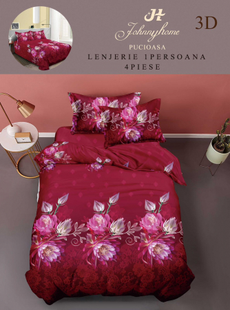 Cearceaf normal - Lenjerie Bumbac Satinat 1 Persoana 3D - Rosu Zmeura Floral