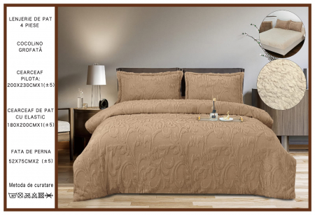 LENJERII DE PAT - Lenjerie Cocolino 3D Imprimeu In Relief Cu Blanita - Bej Cacao