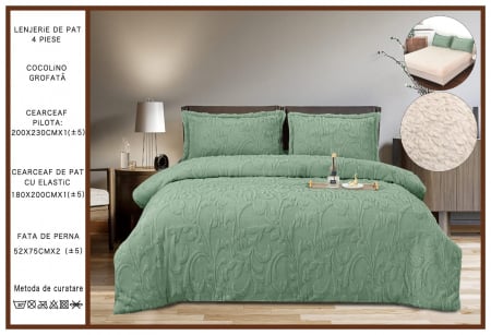 LENJERII DE PAT - Lenjerie Cocolino 3D Imprimeu In Relief Cu Blanita - Verde Fistic