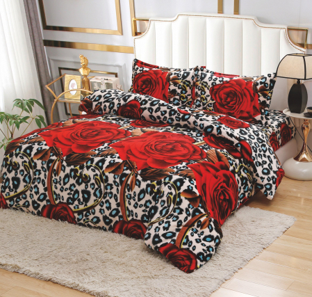 LENJERII DE PAT - Lenjerie Cocolino 4 Piese Cu Elastic - Trandafiri Si Leopard