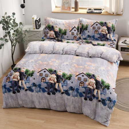 PRODUSE PENTRU CRACIUN - Lenjerie Cocolino 4 Piese Cu Elastic Craciun - Casute In Zapada