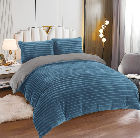 Cearceaf cu elastic 4 piese - Lenjerie Cocolino 4 Piese Cu Elastic Dungi Groase - Albastru Petrol
