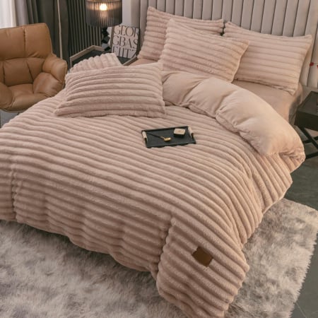 LENJERII DE PAT - Lenjerie Cocolino 4 Piese Cu Elastic Dungi Groase - Capuccino
