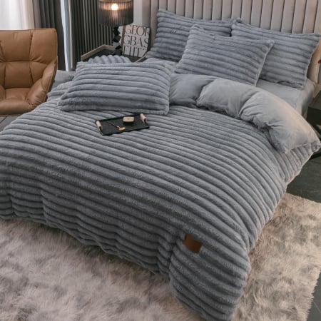 LENJERII DE PAT - Lenjerie Cocolino 4 Piese Cu Elastic Dungi Groase - Gri