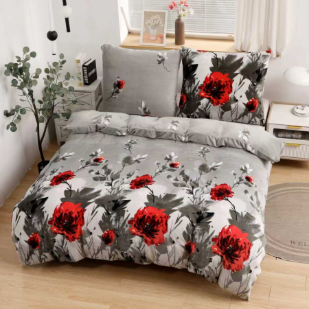 Lenjerii De Pat Cocolino - Lenjerie Cocolino 4 Piese Cu Elastic - Gri Cu Flori De Mac