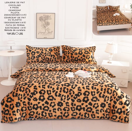 Lenjerii De Pat Cocolino - Lenjerie Cocolino 4 Piese Cu Elastic - Imprimeu Leopard Animal Print
