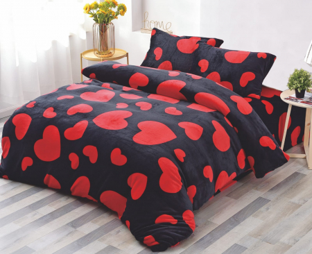 Lenjerii De Pat Cocolino - Lenjerie Cocolino 4 Piese Cu Elastic - Negru Cu Inimi Rosii