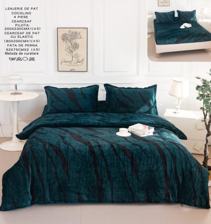 Lenjerii De Pat Cocolino - Lenjerie Cocolino 4 Piese Cu Elastic - Verde Smarald Tigrat
