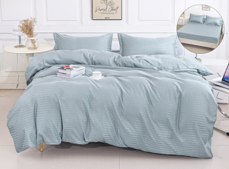 Bumbac Tip Damasc - Lenjerie Damasc Satinat Subtire 4 Piese Cu Elastic - Bleu
