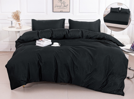 Bumbac Tip Damasc - Lenjerie Damasc Satinat Subtire 4 Piese Cu Elastic - Negru