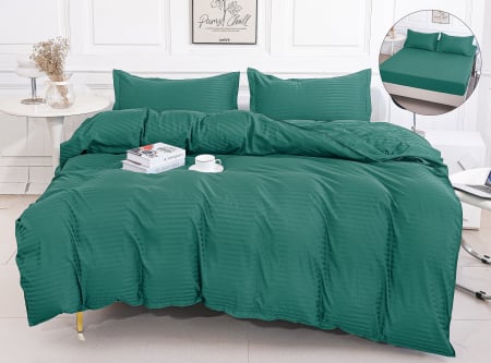 Bumbac Tip Damasc - Lenjerie Damasc Satinat Subtire 4 Piese Cu Elastic - Verde
