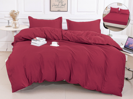 Bumbac Tip Damasc - Lenjerie Damasc Satinat Subtire 4 Piese Cu Elastic - Bordo