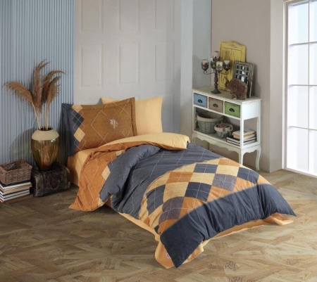 LENJERII 1 PERSOANA - Lenjerie De Pat Bumbac 100% Poplin 1 Persoana - Galben Mustar Cu Romburi