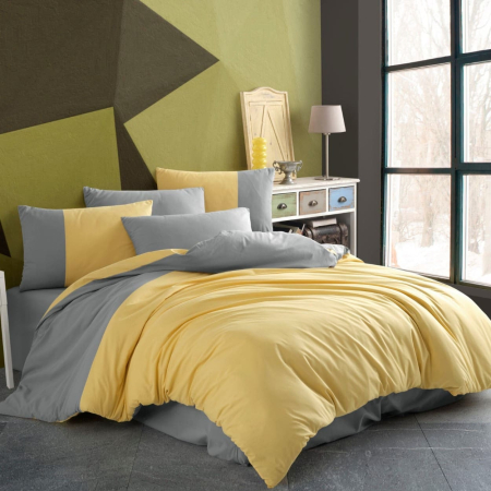 Lenjerie Bumbac 100%  - 1 Persoana - Lenjerie De Pat Bumbac 100% Poplin 1 Persoana - Galben Si Gri