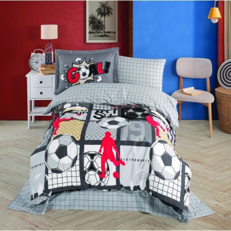 Lenjerie Bumbac 100%  - 1 Persoana - Lenjerie De Pat Bumbac 100% Poplin 1 Persoana - Gri Cu Minge Pe Teren De Fotbal