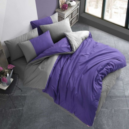 Lenjerie Bumbac 100%  - 1 Persoana - Lenjerie De Pat Bumbac 100% Poplin 1 Persoana - Mov Si Gri