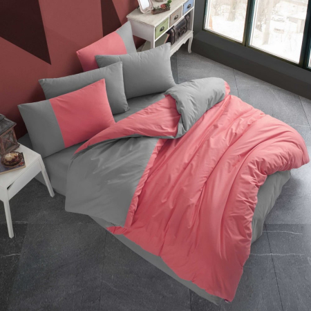 Lenjerie De Pat Bumbac 100% Poplin 1 Persoana - Roz Si Gri [1]