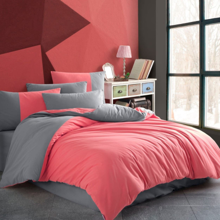 Lenjerie Bumbac 100%  - 1 Persoana - Lenjerie De Pat Bumbac 100% Poplin 1 Persoana - Roz Si Gri