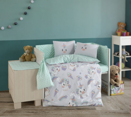Pentru Bebelusi - Lenjerie De Pat Bumbac 100% Poplin Baby - Ice Cream And Unicorn