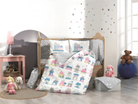Pentru Bebelusi - Lenjerie De Pat Bumbac 100% Poplin Baby - Little Houses Grey