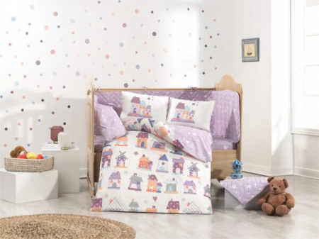 Pentru Bebelusi - Lenjerie De Pat Bumbac 100% Poplin Baby - Little Houses Purple