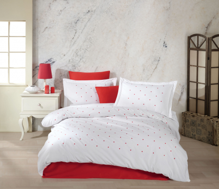 Bumbac 100% Poplin Hobby - Lenjerie De Pat Bumbac 100% Poplin HOBBY - Alb Cu Inimioare Rosii Brodate