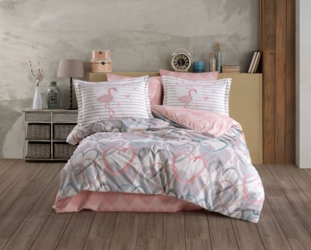Bumbac 100% Poplin Hobby - Lenjerie De Pat Bumbac 100% Poplin HOBBY - Inimioare Colorate Si Flamingo Roz