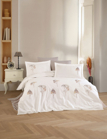 Bumbac 100% Poplin Hobby - Lenjerie De Pat Bumbac 100% Poplin HOBBY Premium Cu Broderie - Alb Cu Copaci Brodati