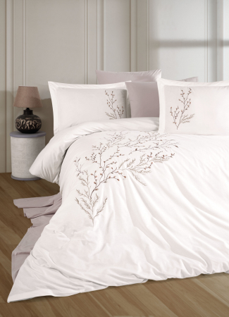 Bumbac 100% Poplin Hobby - Lenjerie De Pat Bumbac 100% Poplin HOBBY Premium Cu Broderie - Alb Cu Floricele Brodate Bej