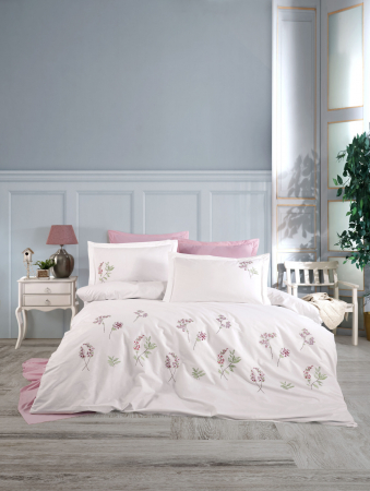 Bumbac 100% Poplin Hobby - Lenjerie De Pat Bumbac 100% Poplin HOBBY Premium Cu Broderie - Frunze Si Floricele Brodate