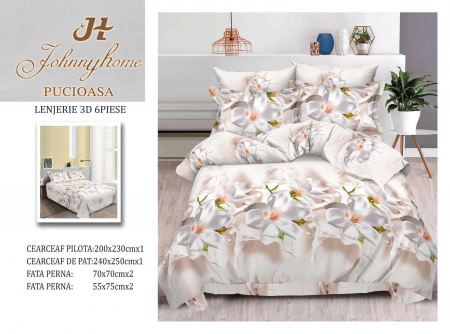 LENJERII DE PAT - Lenjerie De Pat Bumbac Satinat 3D 6 Piese - Bej Cu Crini