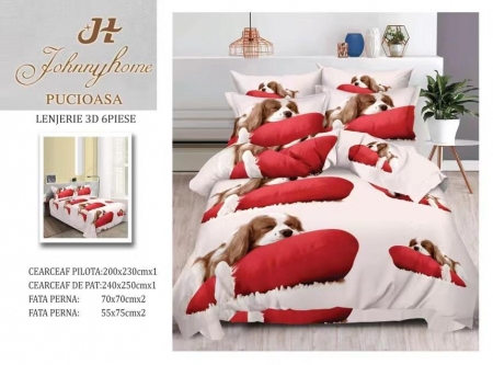 LENJERII DE PAT - Lenjerie De Pat Bumbac Satinat 3D 6 Piese - Catelusul Somnoros