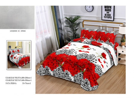LENJERII DE PAT - Lenjerie De Pat Bumbac Satinat 3D - Animal Print Si Trandafiri Rosii