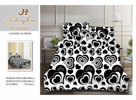 LENJERII DE PAT - Lenjerie De Pat Bumbac Satinat 3D - Inimioare Negre - Albe
