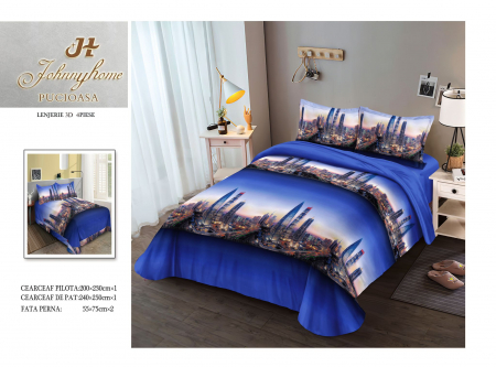 Lenjerie De Pat Bumbac Satinat 3D - Blue City [1]