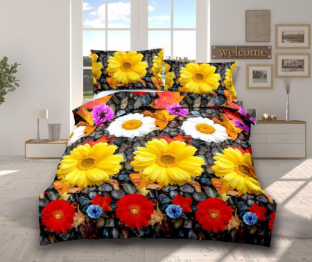 Bumbac Satinat 3D - Lenjerie De Pat Bumbac Satinat 3D - Floricele Colorate