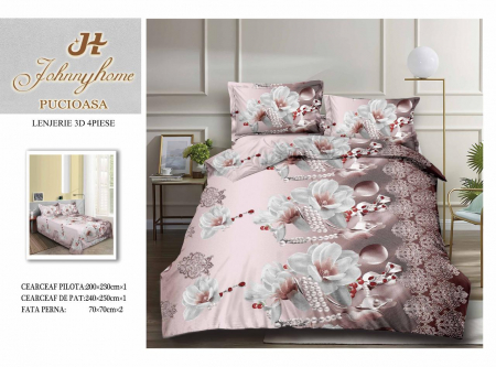 LENJERII DE PAT - Lenjerie De Pat Bumbac Satinat 3D - Flori Si Perle