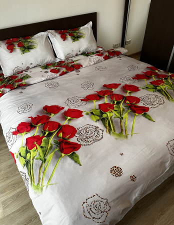 Lenjerie De Pat Bumbac Satinat 3D - Alb Cu Buchetele De Trandafiri [3]