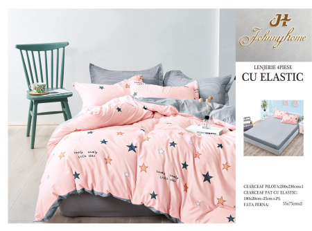 LENJERII DE PAT - Lenjerie De Pat Bumbac Satinat Cu Elastic - Roz Cu Stelute