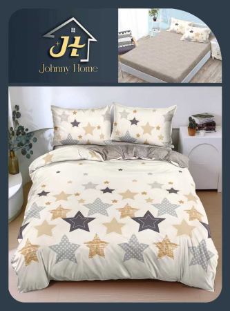 LENJERII DE PAT - Lenjerie De Pat Bumbac Satinat Cu Elastic - Alb Cu Stele Abstracte 