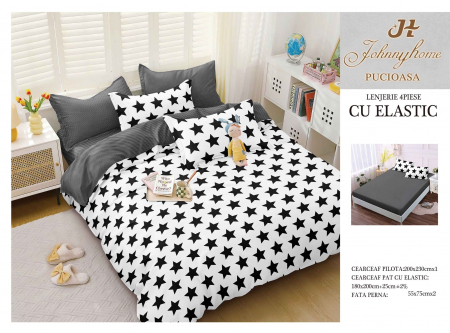 Cearceaf cu elastic - Lenjerie De Pat Bumbac Satinat Cu Elastic - Alb Cu Stelute Negre