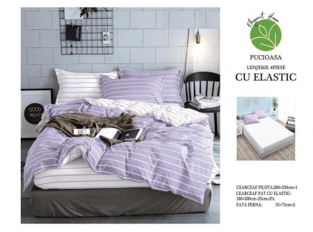 Cearceaf cu elastic - Lenjerie De Pat Bumbac Satinat Cu Elastic - Alb/Lila