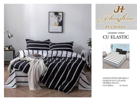 Bumbac Satinat Superior - Lenjerie De Pat Bumbac Satinat Cu Elastic - Alb Negru Cu Dungi Late Orizontale