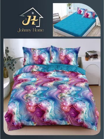 Bumbac Satinat Superior - Lenjerie De Pat Bumbac Satinat Cu Elastic - Albastru Si Mov Abstract