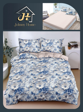 LENJERII DE PAT - Lenjerie De Pat Bumbac Satinat Cu Elastic - Baby Blue Cu Flori