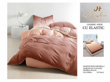 LENJERII DE PAT - Lenjerie De Pat Bumbac Satinat Cu Elastic - Bicolor Caramiziu