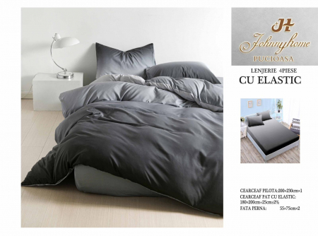 Cearceaf cu elastic - Lenjerie De Pat Bumbac Satinat Cu Elastic - Bicolor Gri Inchis