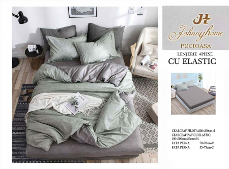 Cearceaf cu elastic - Lenjerie De Pat Bumbac Satinat Cu Elastic - Bicolor Gri - Verde