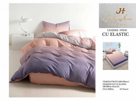 Bumbac Satinat Superior - Lenjerie De Pat Bumbac Satinat Cu Elastic - Bicolor Mov/Roz Piersica