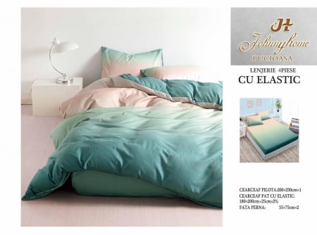 Cearceaf cu elastic - Lenjerie De Pat Bumbac Satinat Cu Elastic - Bicolor Verde Cu Roz